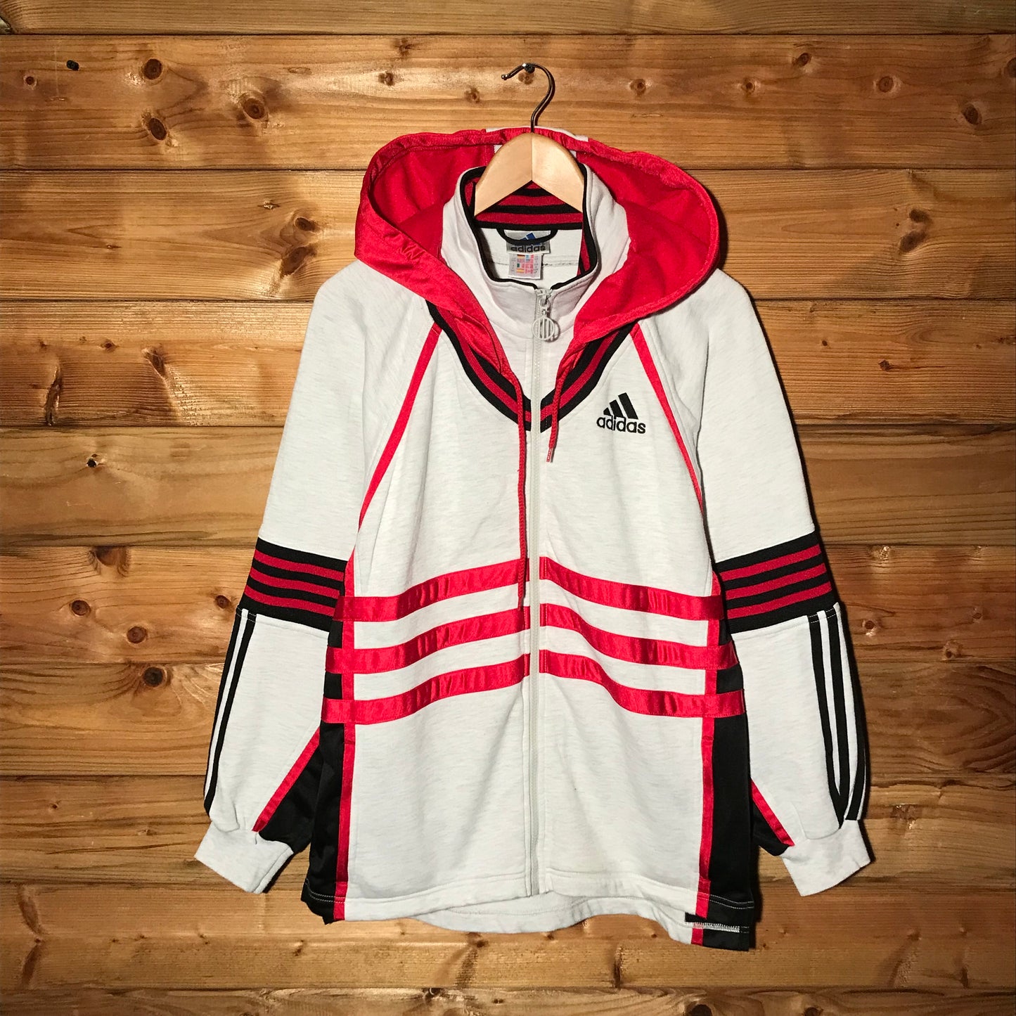 90s Adidas Multi Striped Spellout zip up hoodie