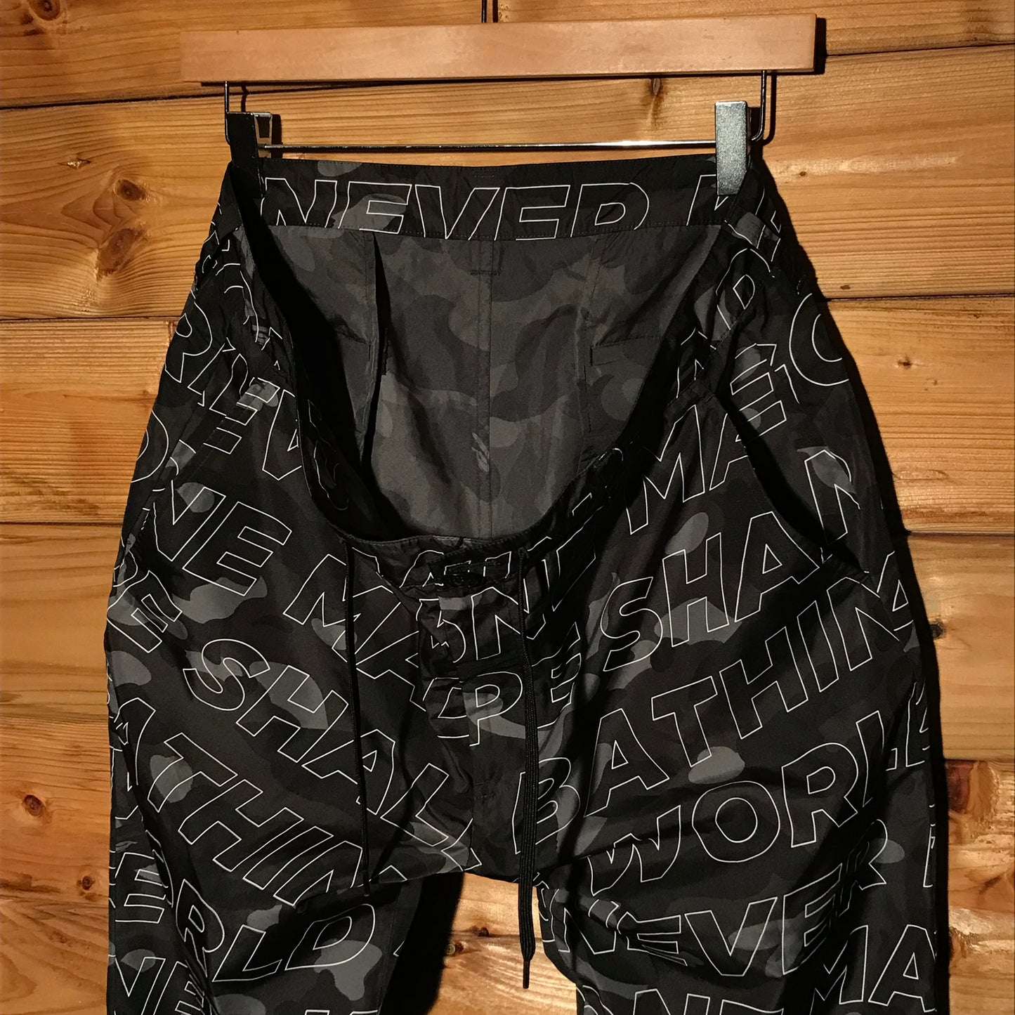 Bape, A Bathing Ape Text Colour Black Camo trousers