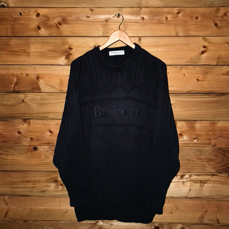 90s Burberry Centre Spellout Tonal Striped cable sweatshirt