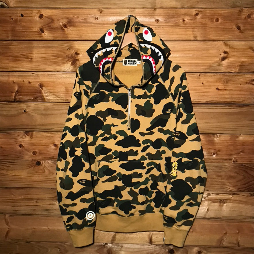 Bape, A Bathing Ape Ultimate First Camo PONR Shark Face half zip up hoodie