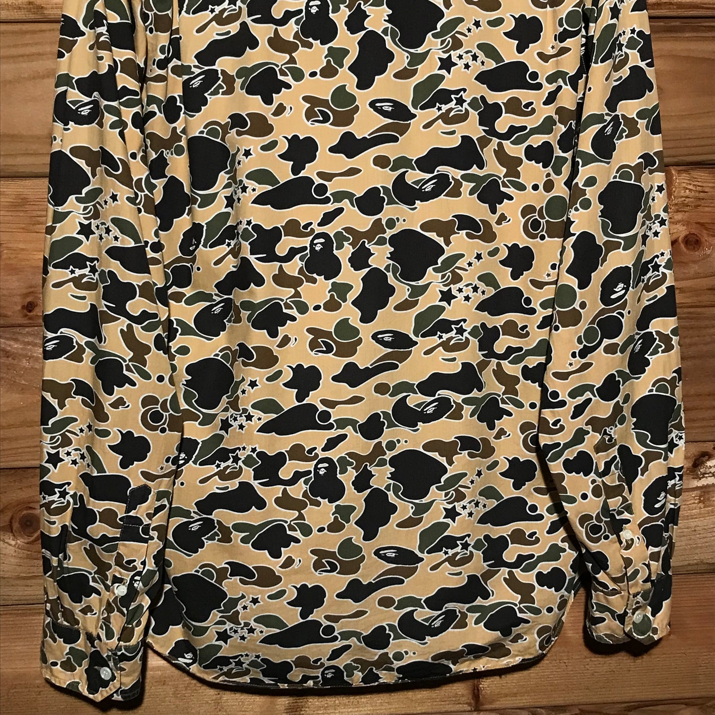 Bape, A Bathing Ape Yellow Psyche Camo AOP long sleeve button up shirt