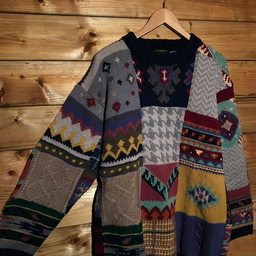 90s O'Neill Abstract Patchwork Style heavyweight knit sweatshirt