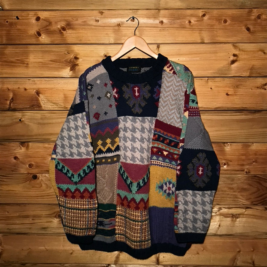 90s O'Neill Abstract Patchwork Style heavyweight knit sweatshirt