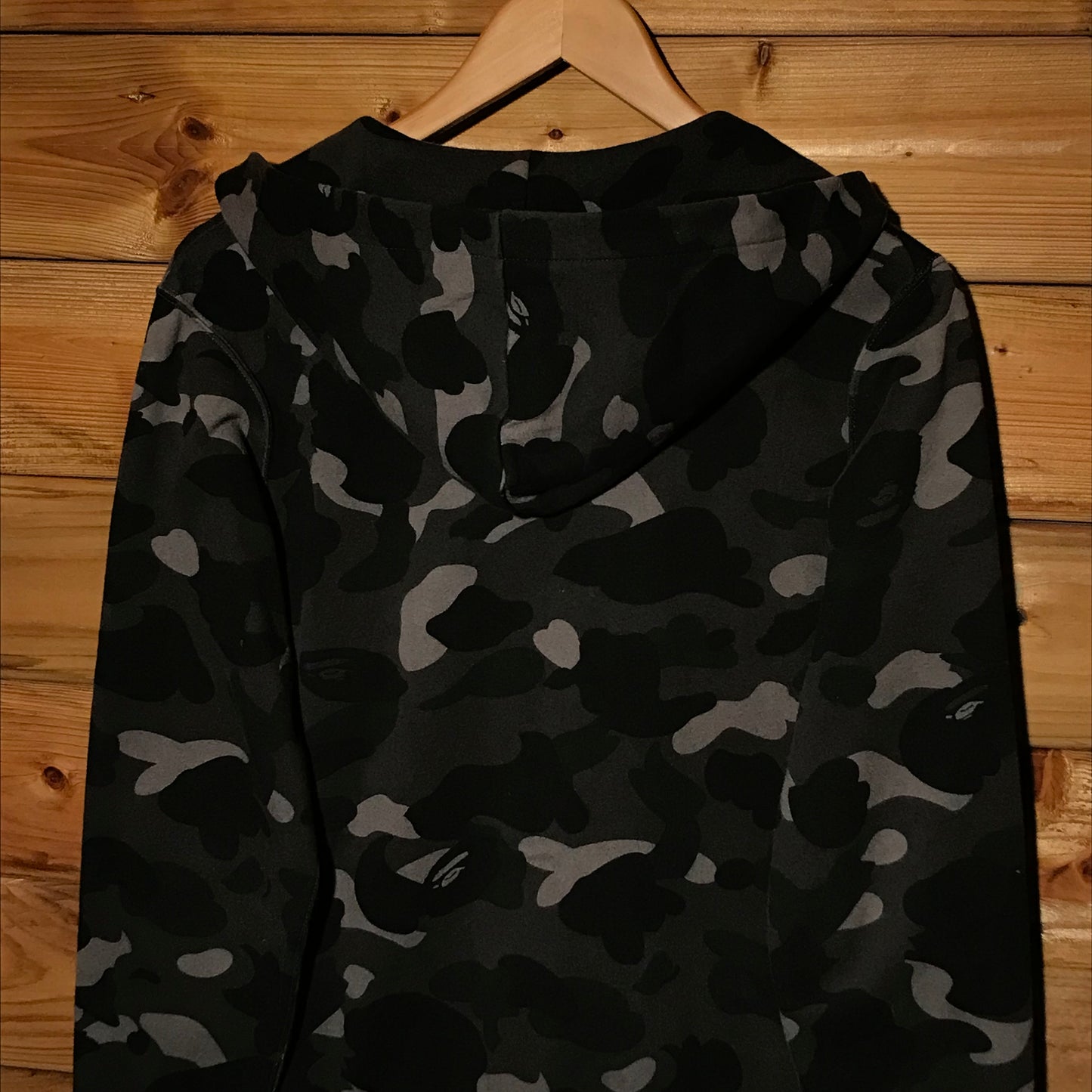 Bape, A Bathing Ape Black Camo AOP button up hoodie