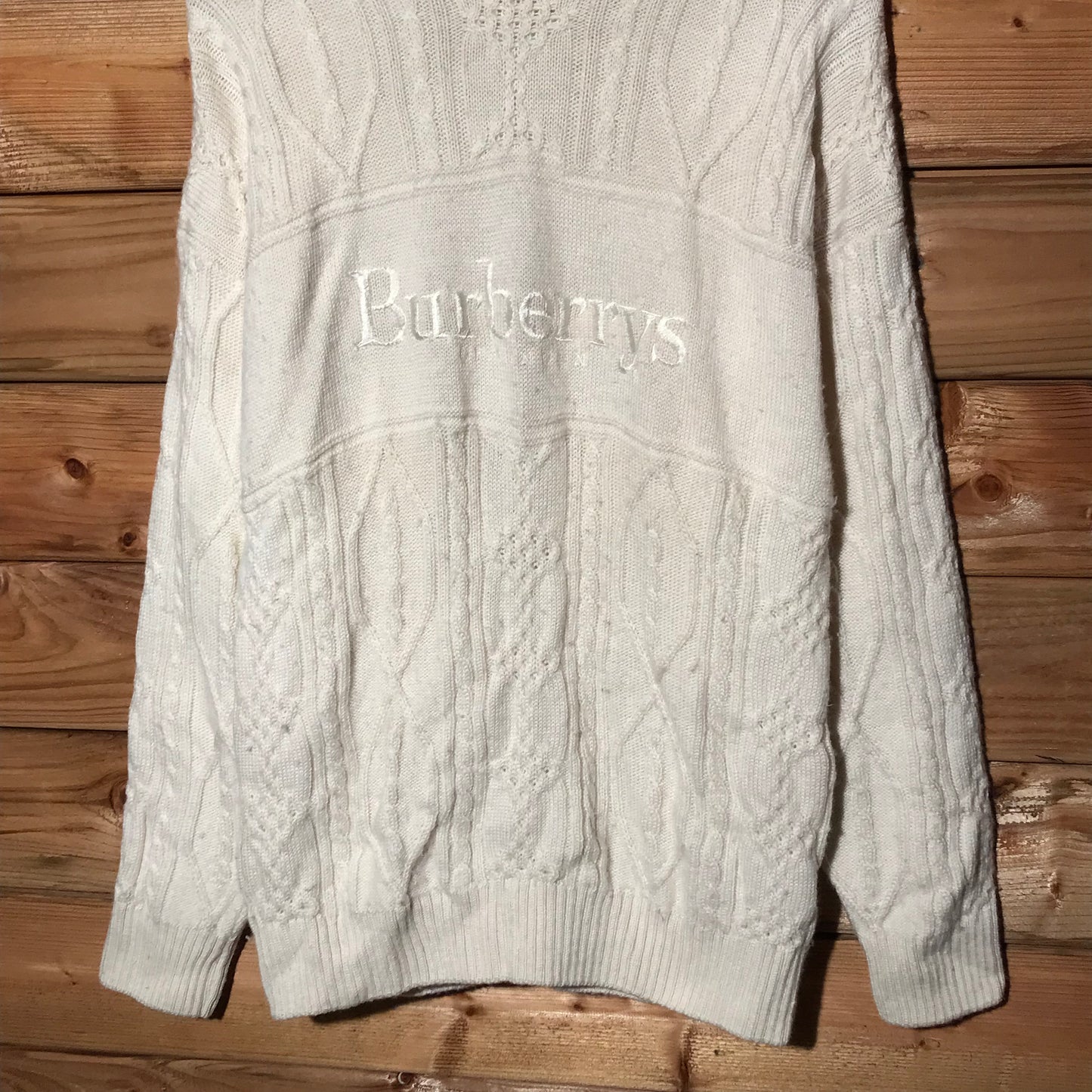 90s Burberry Centre Spellout cable knit sweatshirt