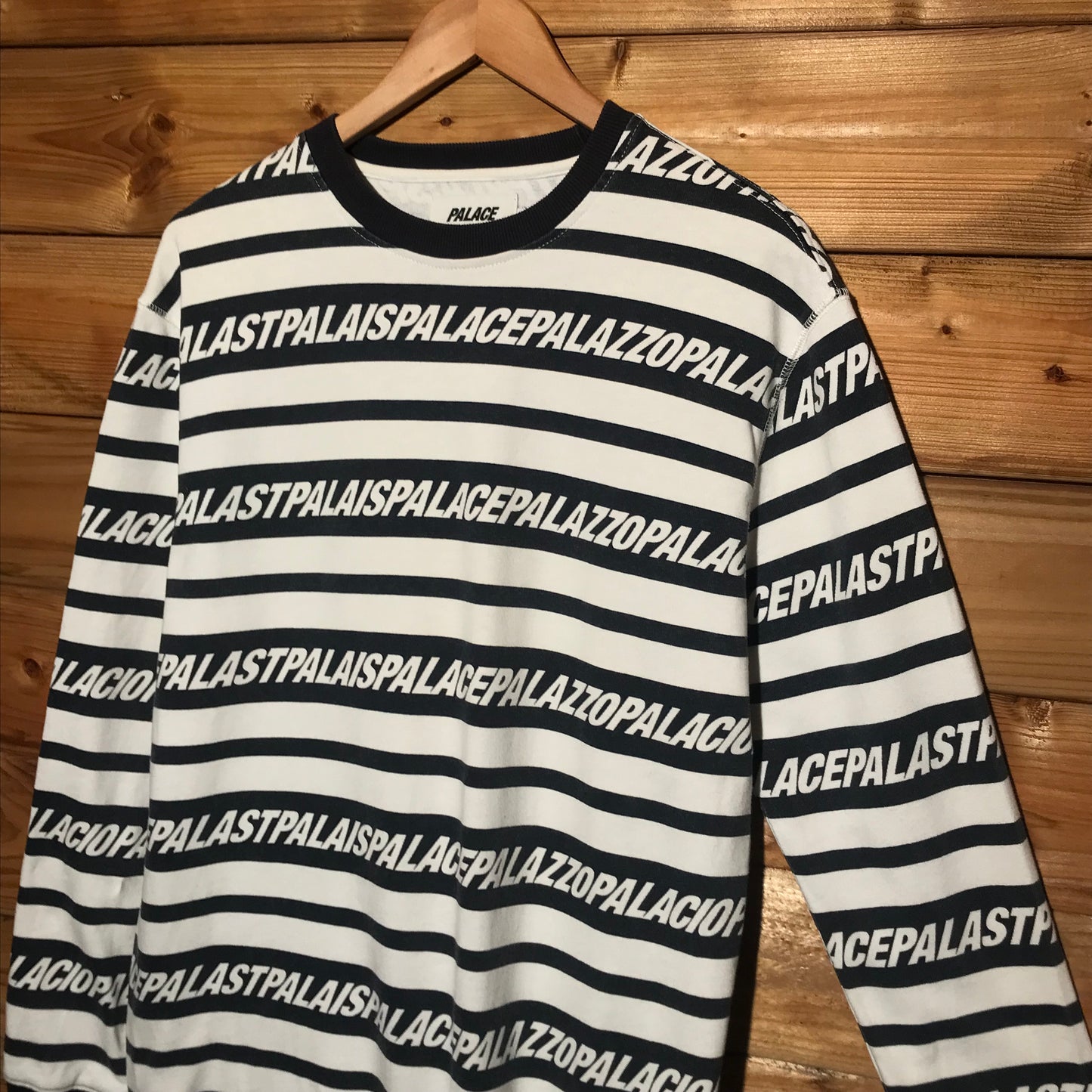 2017 Palace Multi Lingual Repeat Spellout Striped sweatshirt