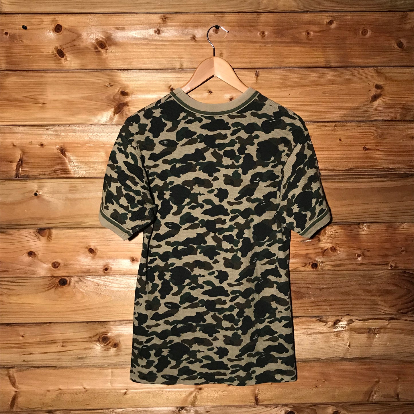 Bape, A Bathing Ape Green Camo AOP Waffle Knit ringer t shirt