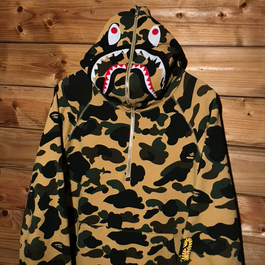 Bape, A Bathing Ape Ultimate First Camo PONR Shark Face half zip up hoodie