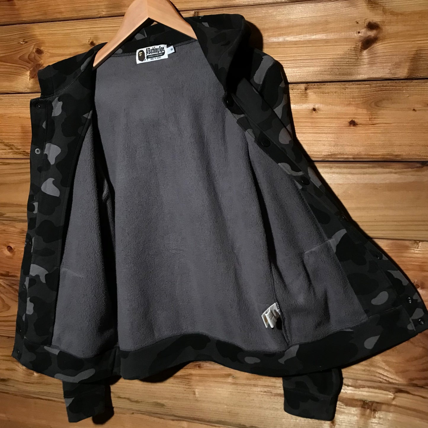 Bape, A Bathing Ape Black Camo AOP button up hoodie