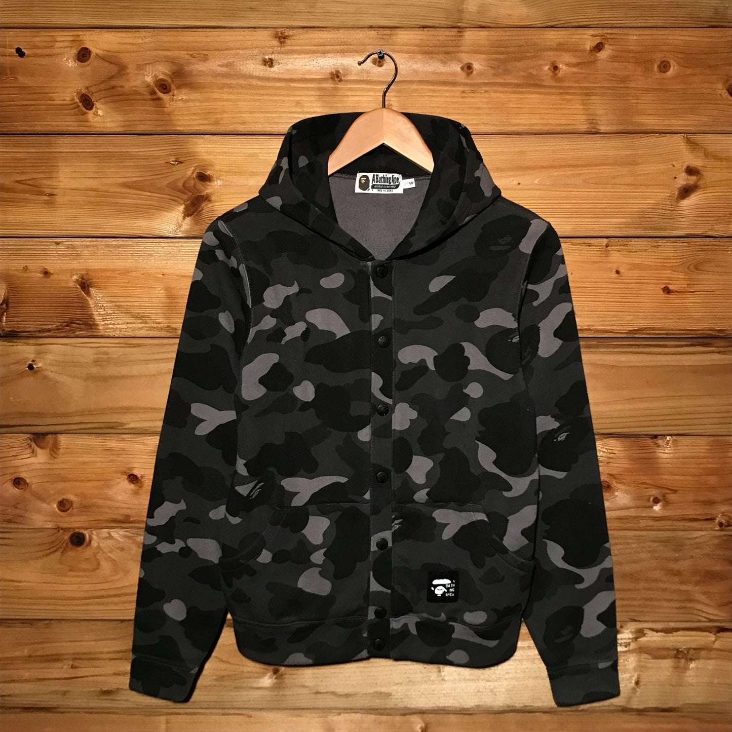 Bape, A Bathing Ape Black Camo AOP button up hoodie