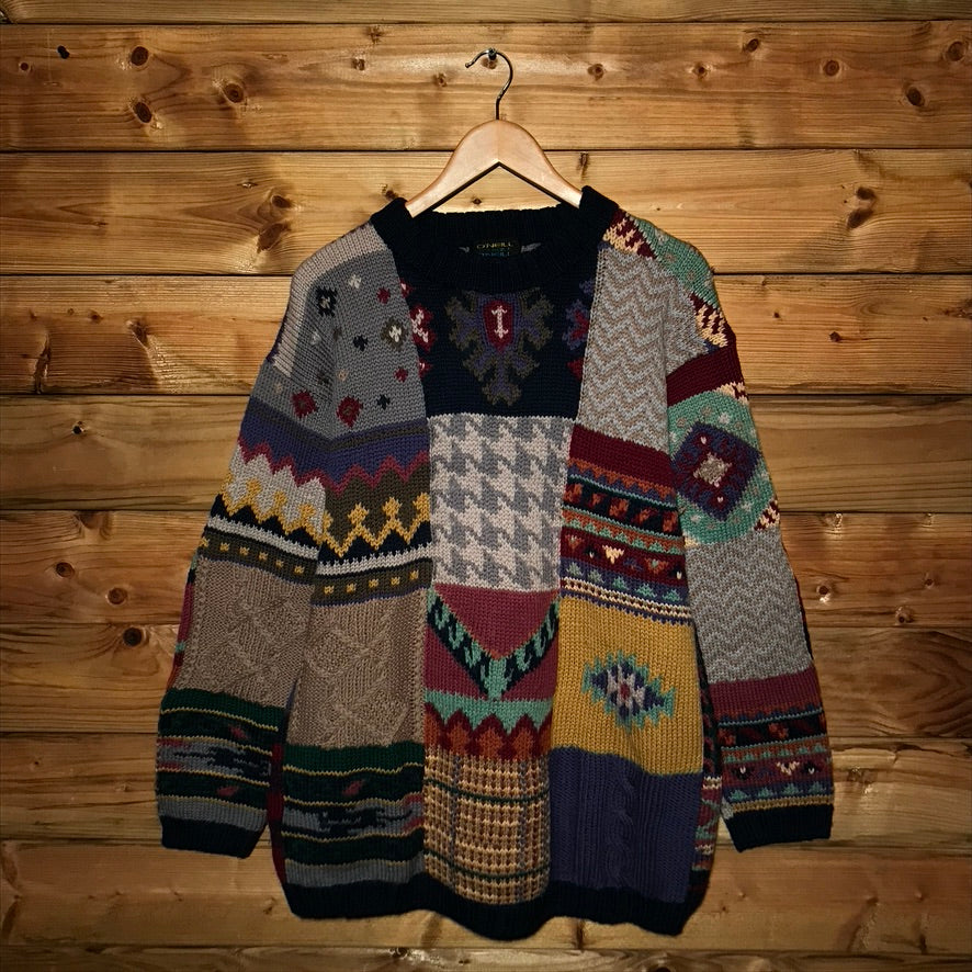 90s O'Neill Abstract Patchwork Style heavyweight knit sweatshirt