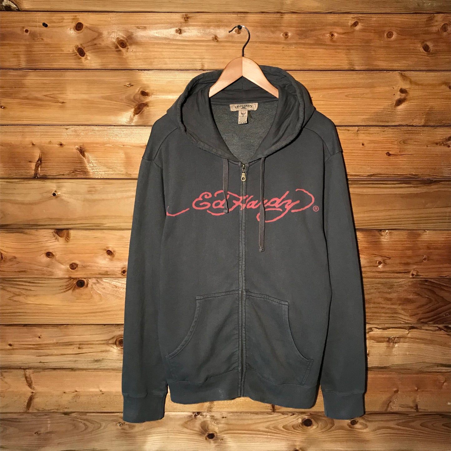 Ed Hardy Bulldog Centre Spellout zip up hoodie