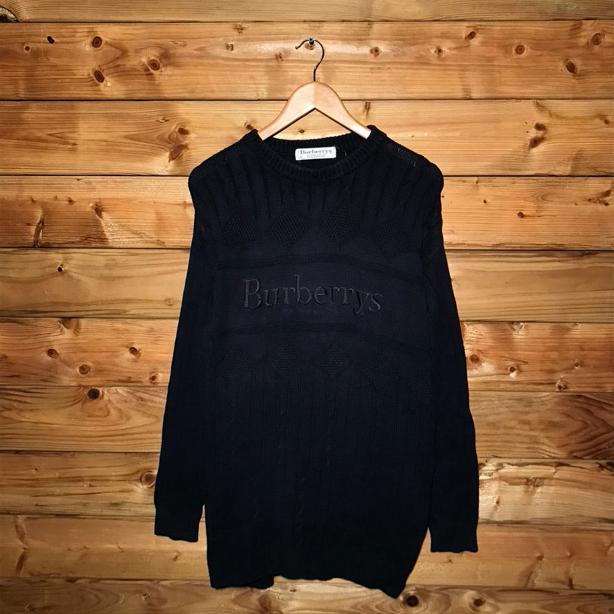 90s Burberry Centre Spellout Tonal Striped cable sweatshirt