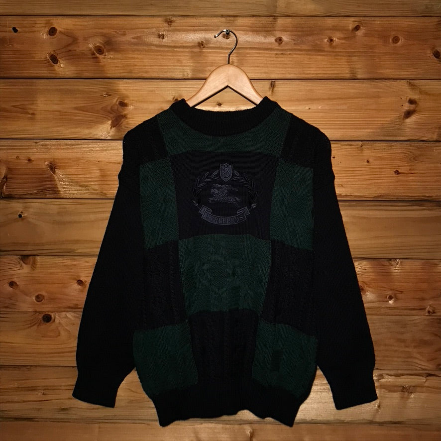 90s Burberry Knight Crest Squared Patchwork cable knit sweatshirt