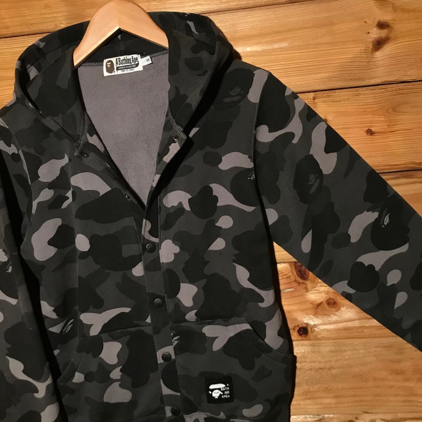 Bape, A Bathing Ape Black Camo AOP button up hoodie