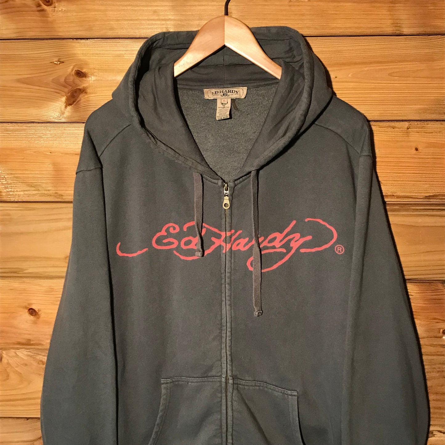 Ed Hardy Bulldog Centre Spellout zip up hoodie