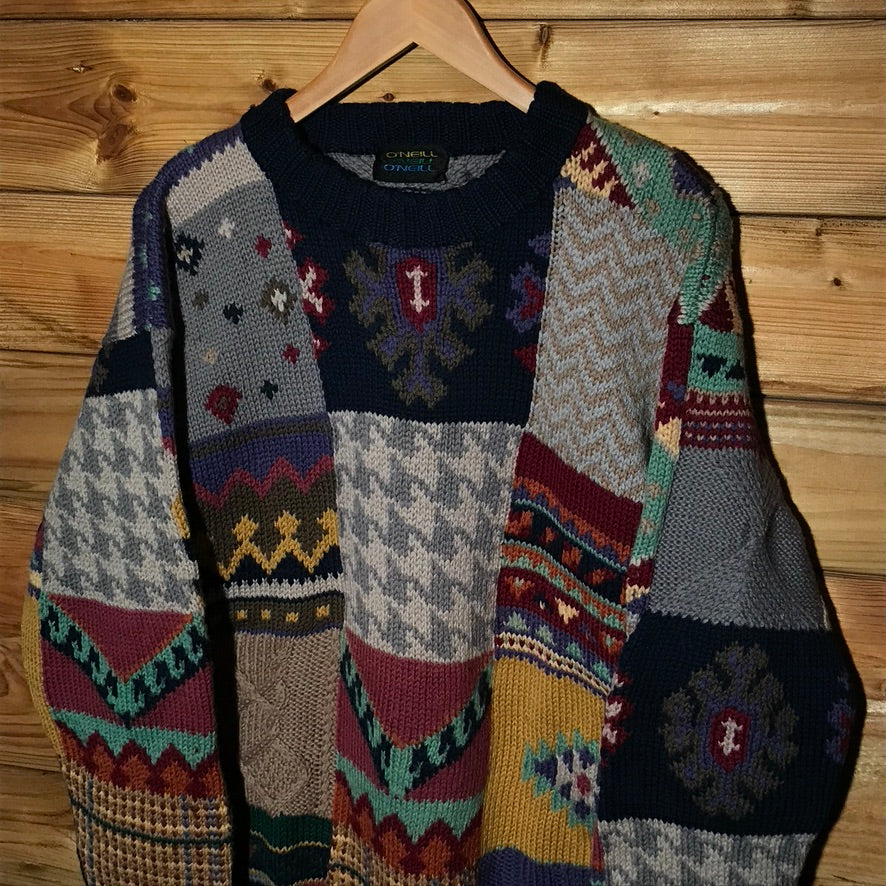 90s O'Neill Abstract Patchwork Style heavyweight knit sweatshirt
