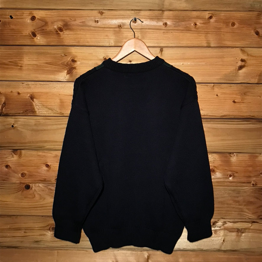 90s Burberry Knight Crest Squared Patchwork cable knit sweatshirt