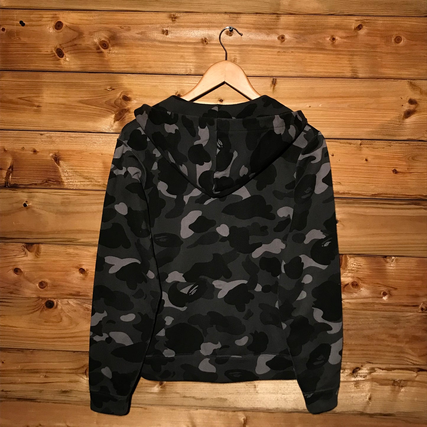 Bape, A Bathing Ape Black Camo AOP button up hoodie
