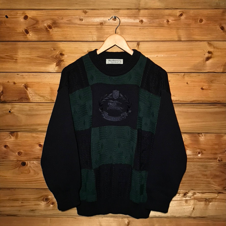 90s Burberry Knight Crest Squared Patchwork cable knit sweatshirt