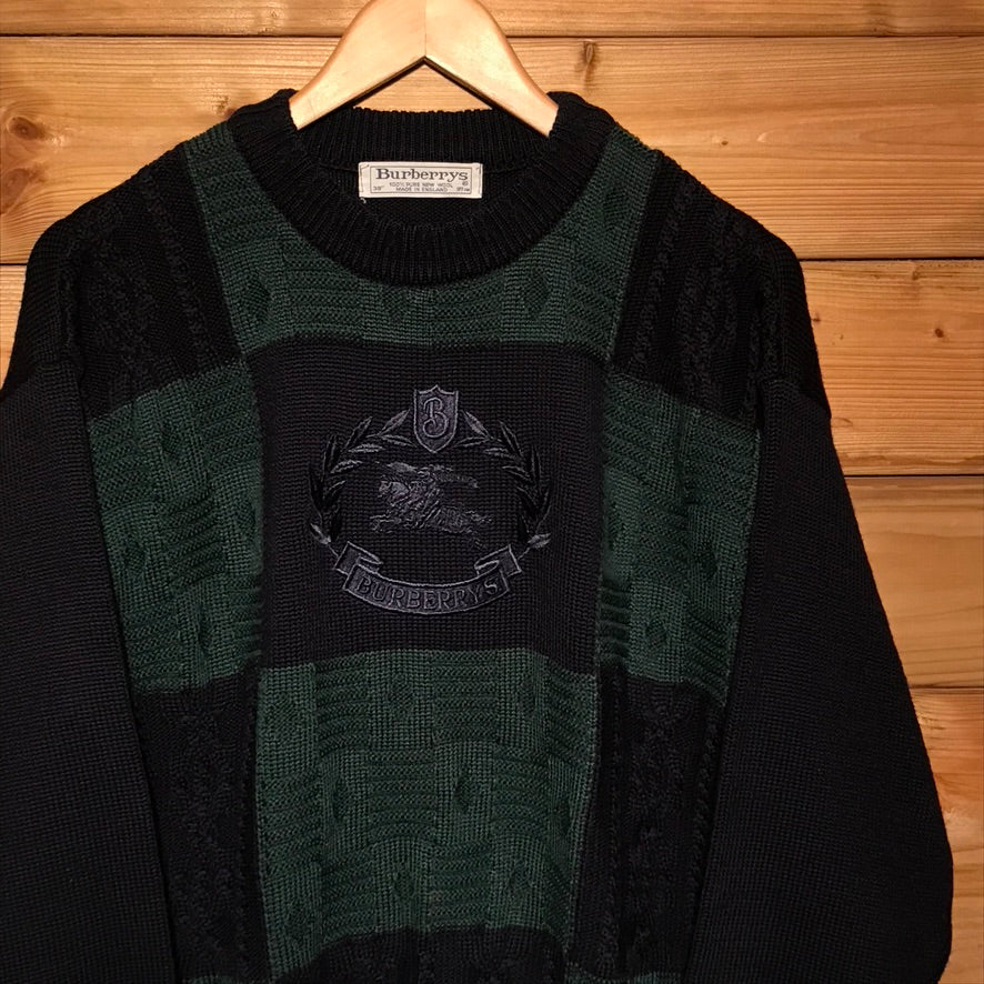 90s Burberry Knight Crest Squared Patchwork cable knit sweatshirt