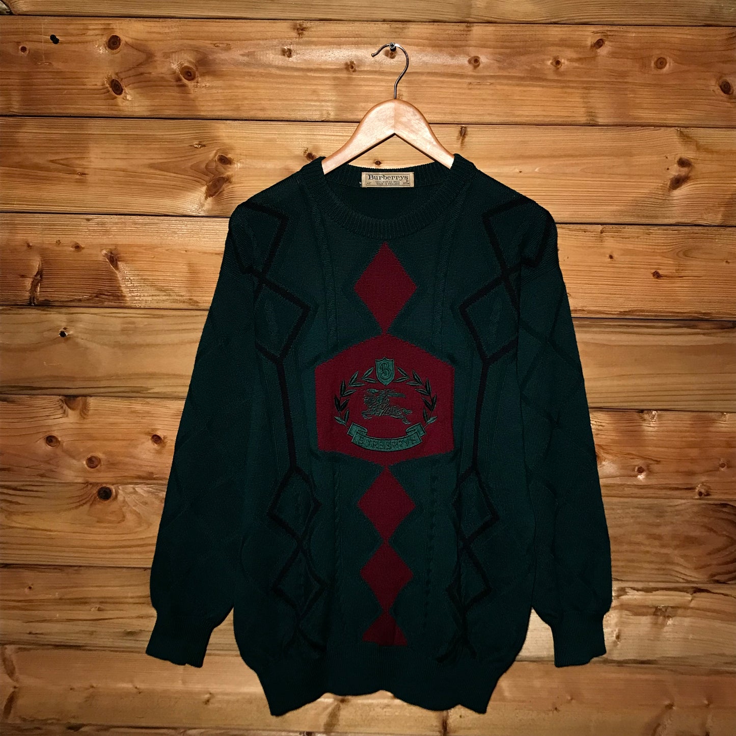 90s Burberry Knight Crest Argyle knit sweatshirt