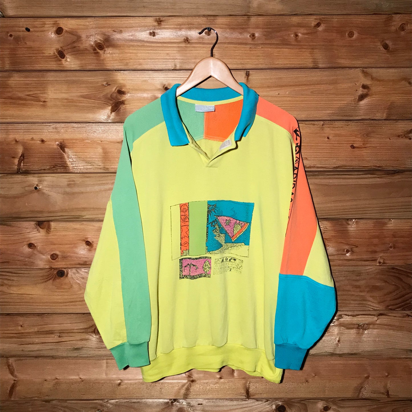 80s Adidas Abstract Colour Block long sleeve polo t shirt