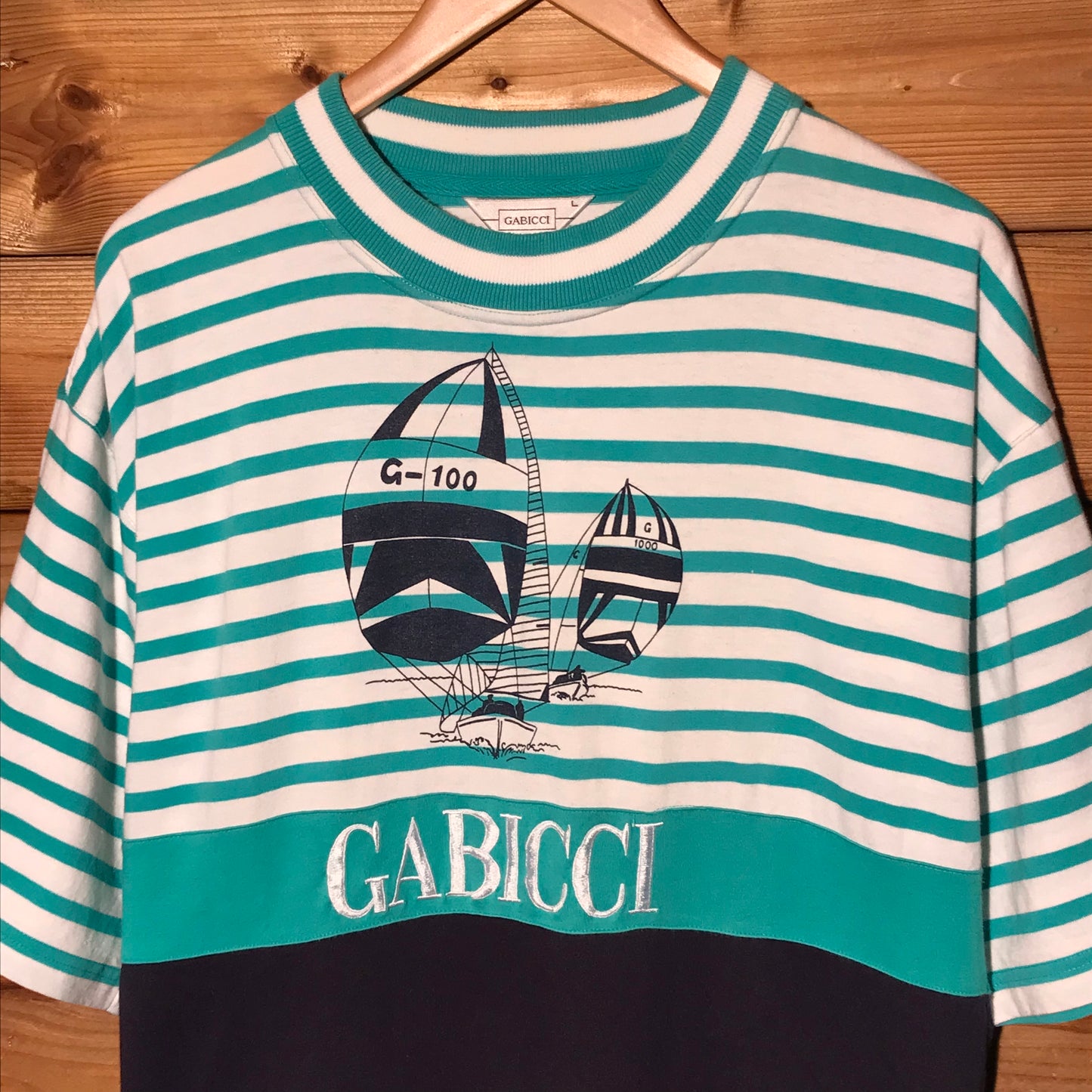 80s Gabicci Sailing Striped Spellout t shirt