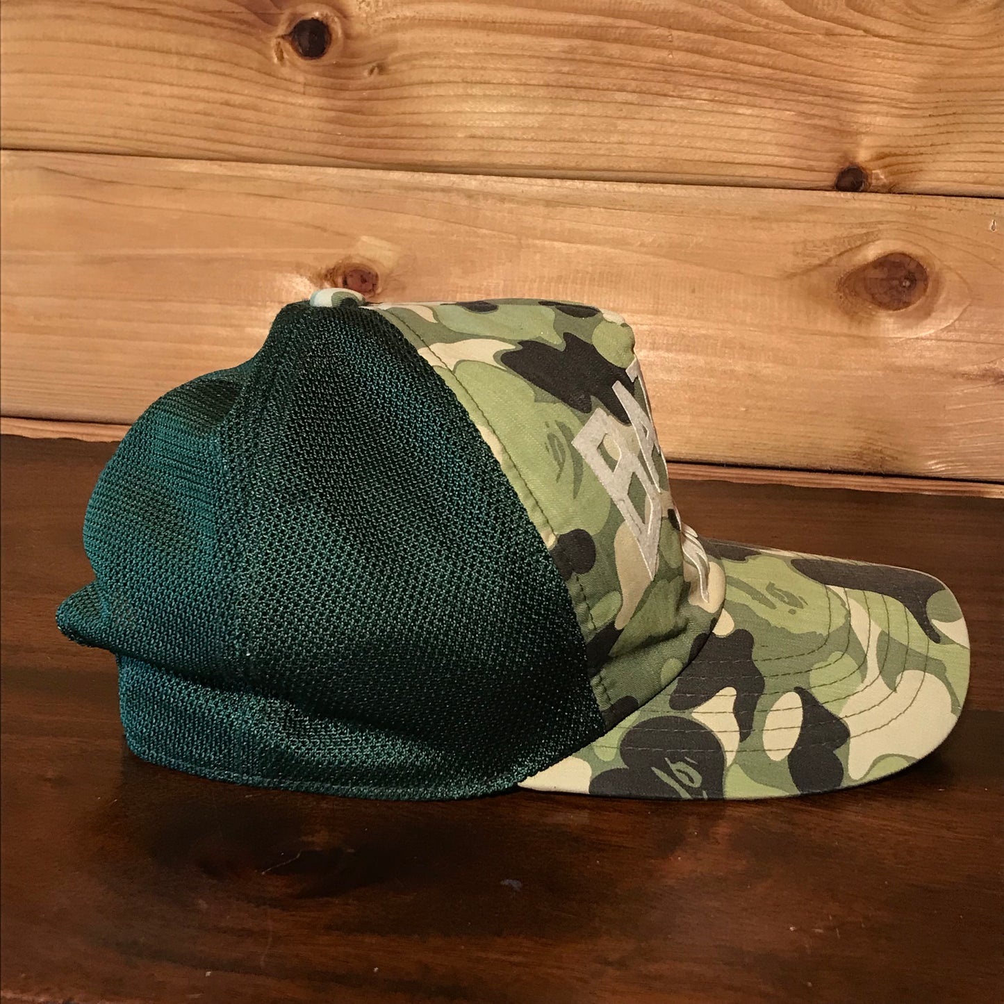 Bape, A Bathing Ape Arc Spellout Green Camo trucker cap