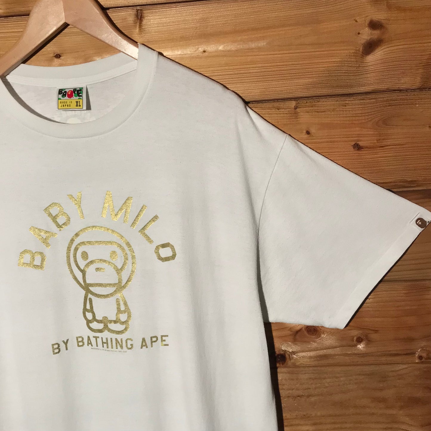 2008 Baby Milo, A Bathing Ape Gold Foil Spellout t shirt