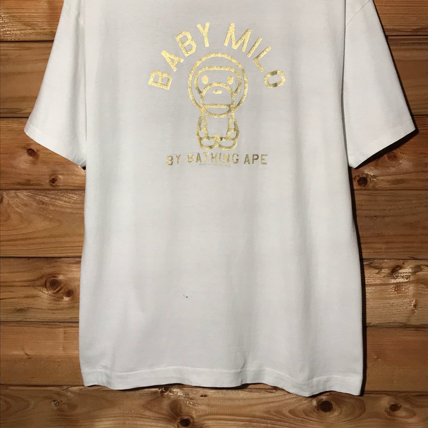 2008 Baby Milo, A Bathing Ape Gold Foil Spellout t shirt