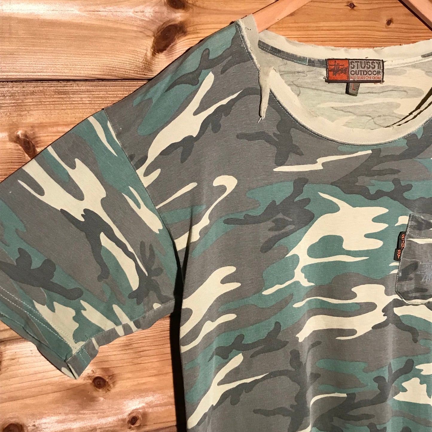 90s Stüssy Outdoor All Season Gear Camo Pocket t shirt