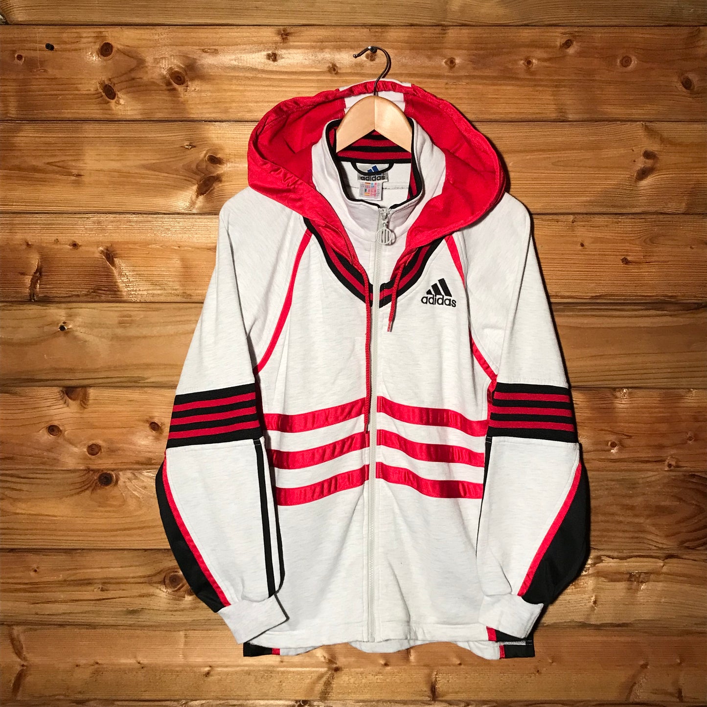 90s Adidas Multi Striped Spellout zip up hoodie