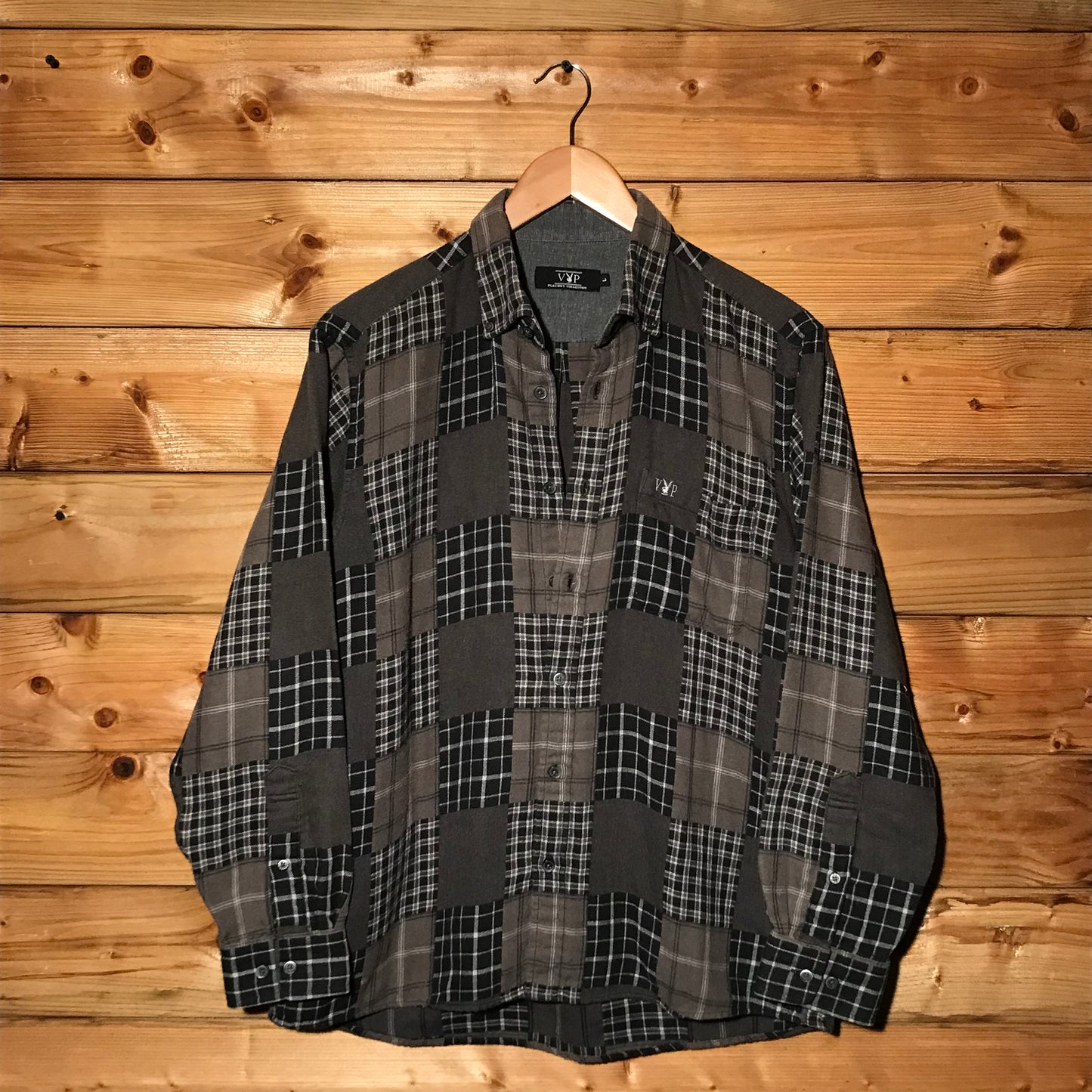 Playboy VIP Plaid Squared Patchwork long sleeve button up shirt