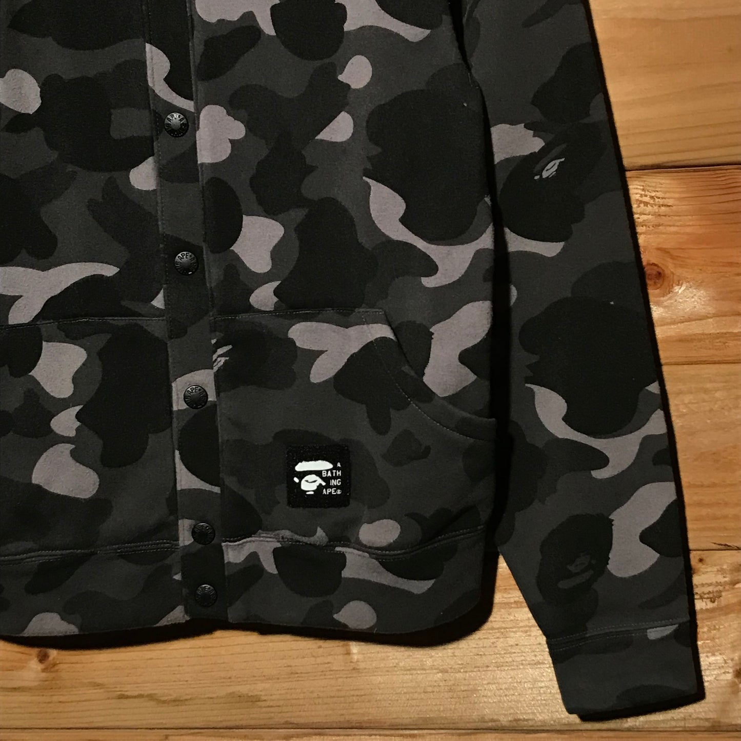 Bape, A Bathing Ape Black Camo AOP button up hoodie