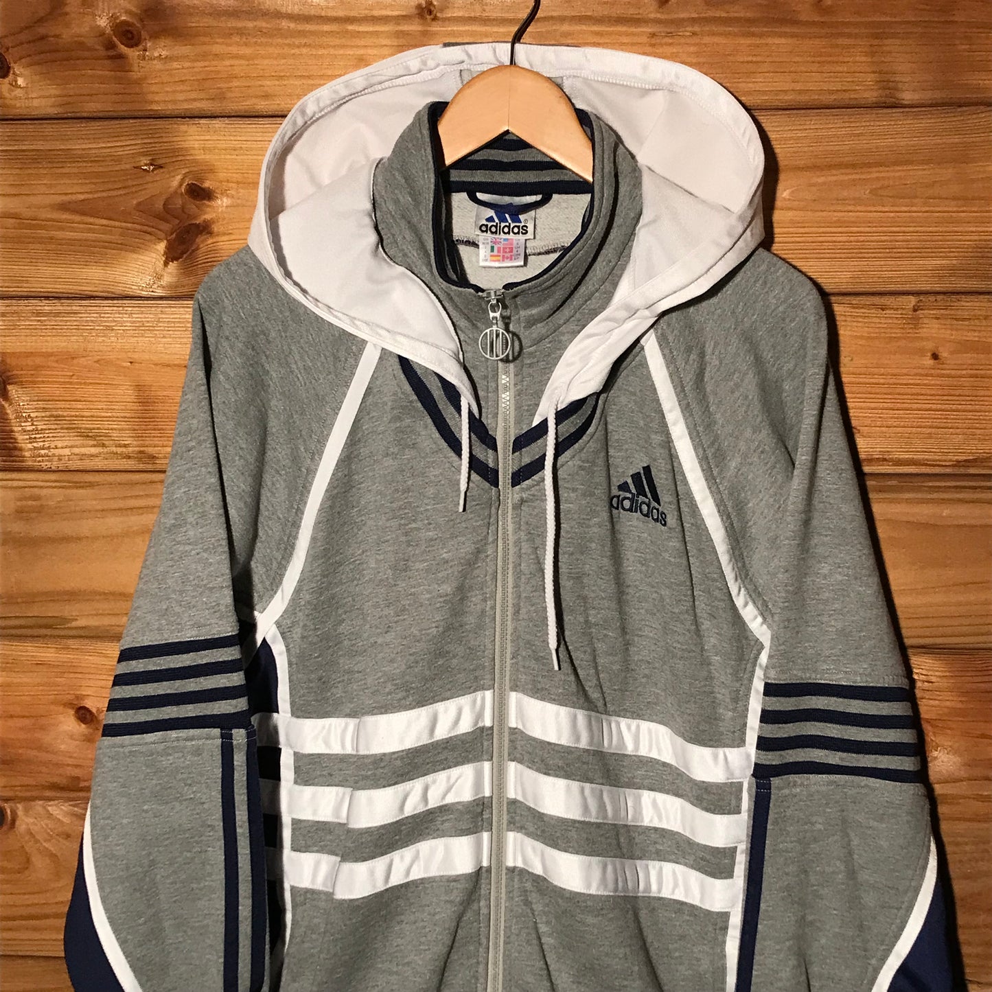 90s Adidas Multi Striped Spellout zip up hoodie