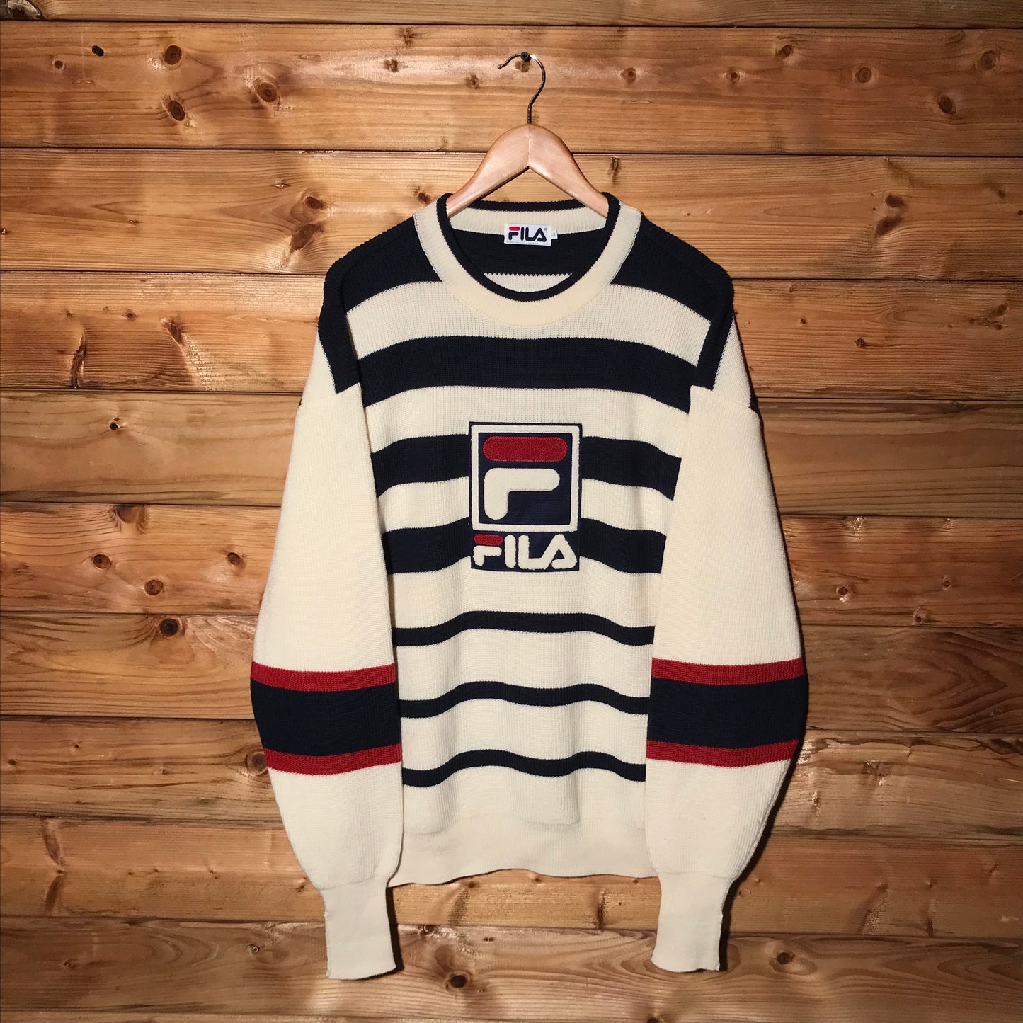 90s Fila Striped Centre Spellout knit sweatshirt