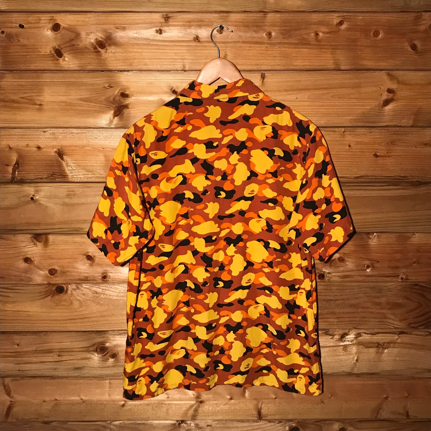 Bape, A Bathing Ape Orange Camo AOP button up shirt