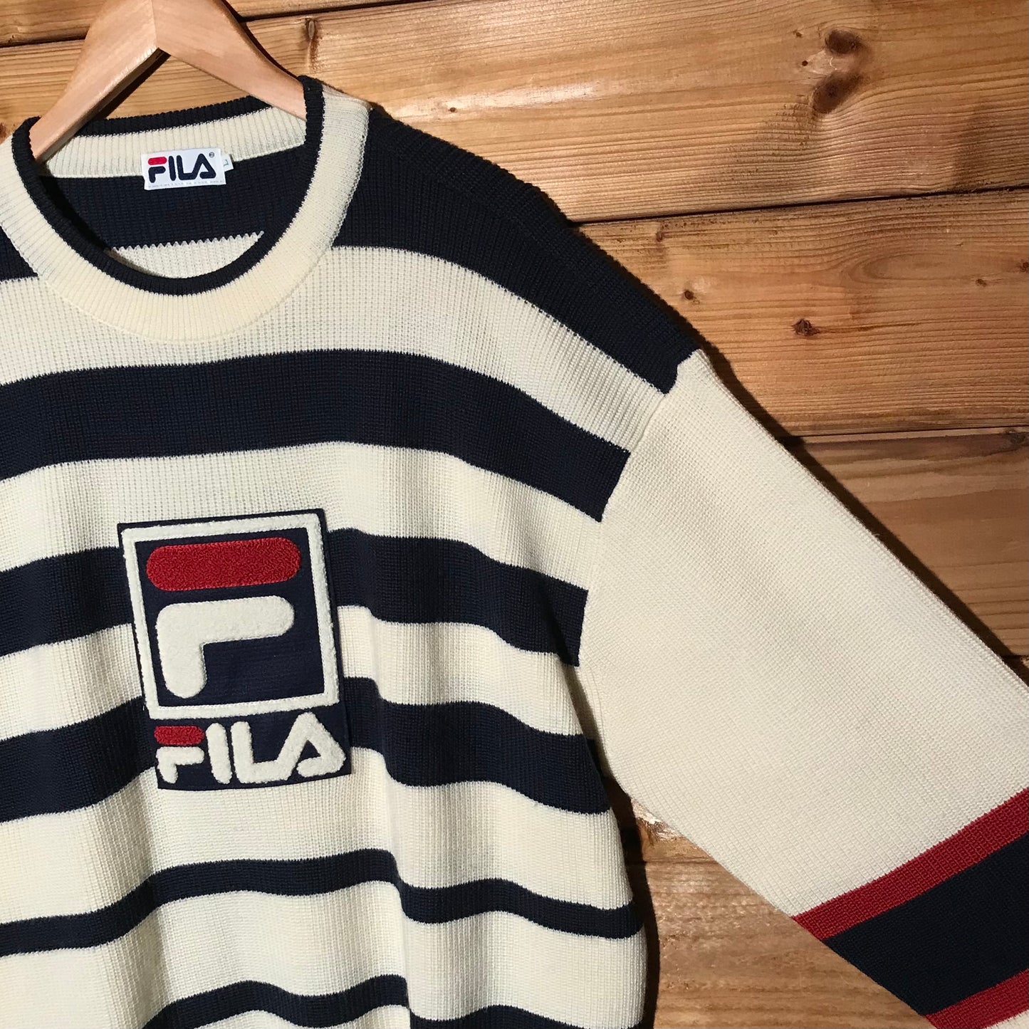 90s Fila Striped Centre Spellout knit sweatshirt