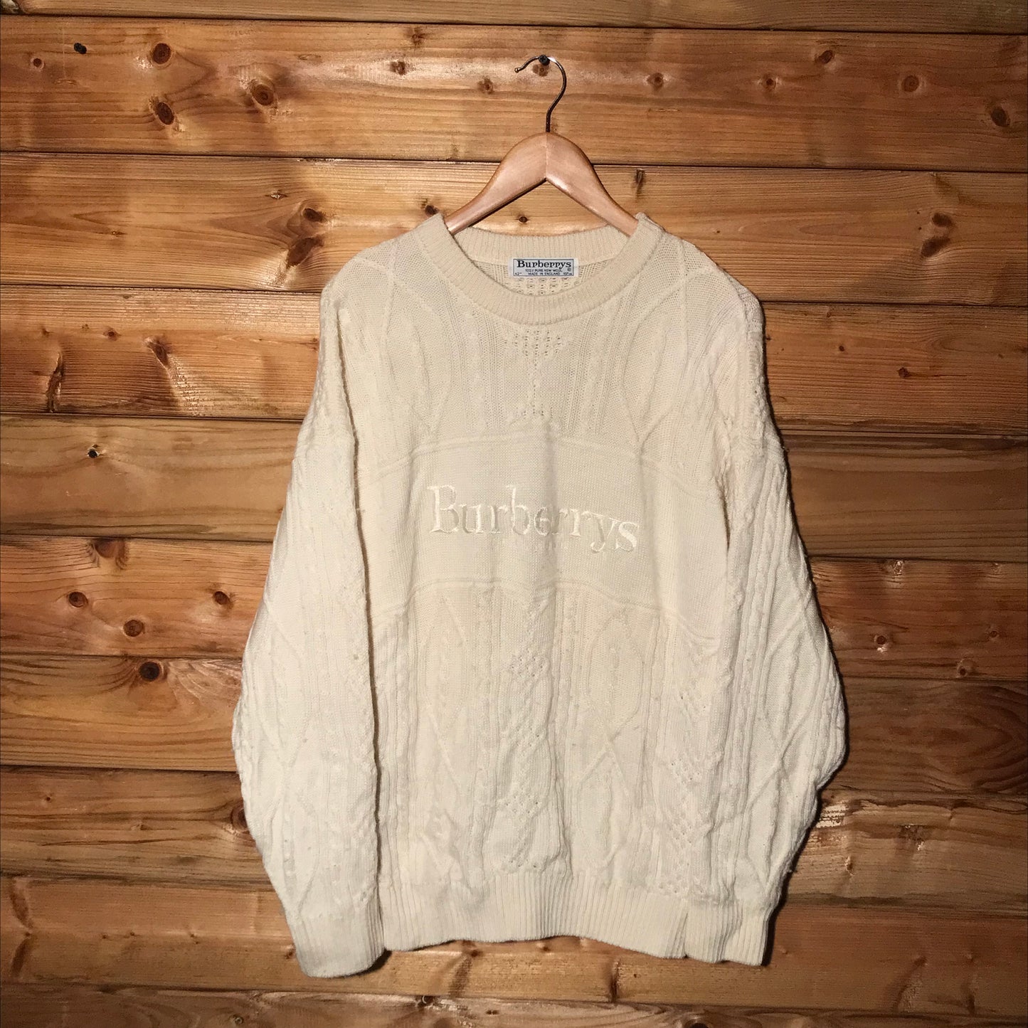 90s Burberry Centre Spellout cable knit sweatshirt