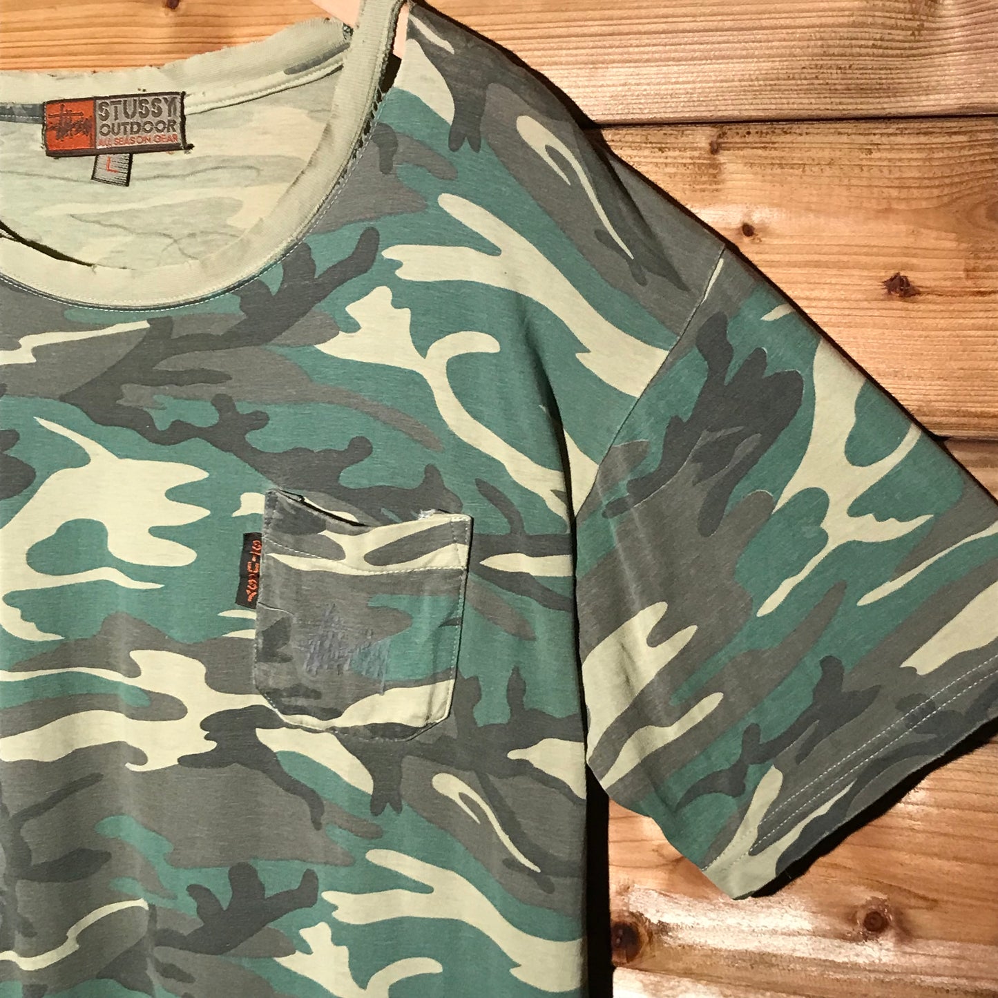 90s Stüssy Outdoor All Season Gear Camo Pocket t shirt