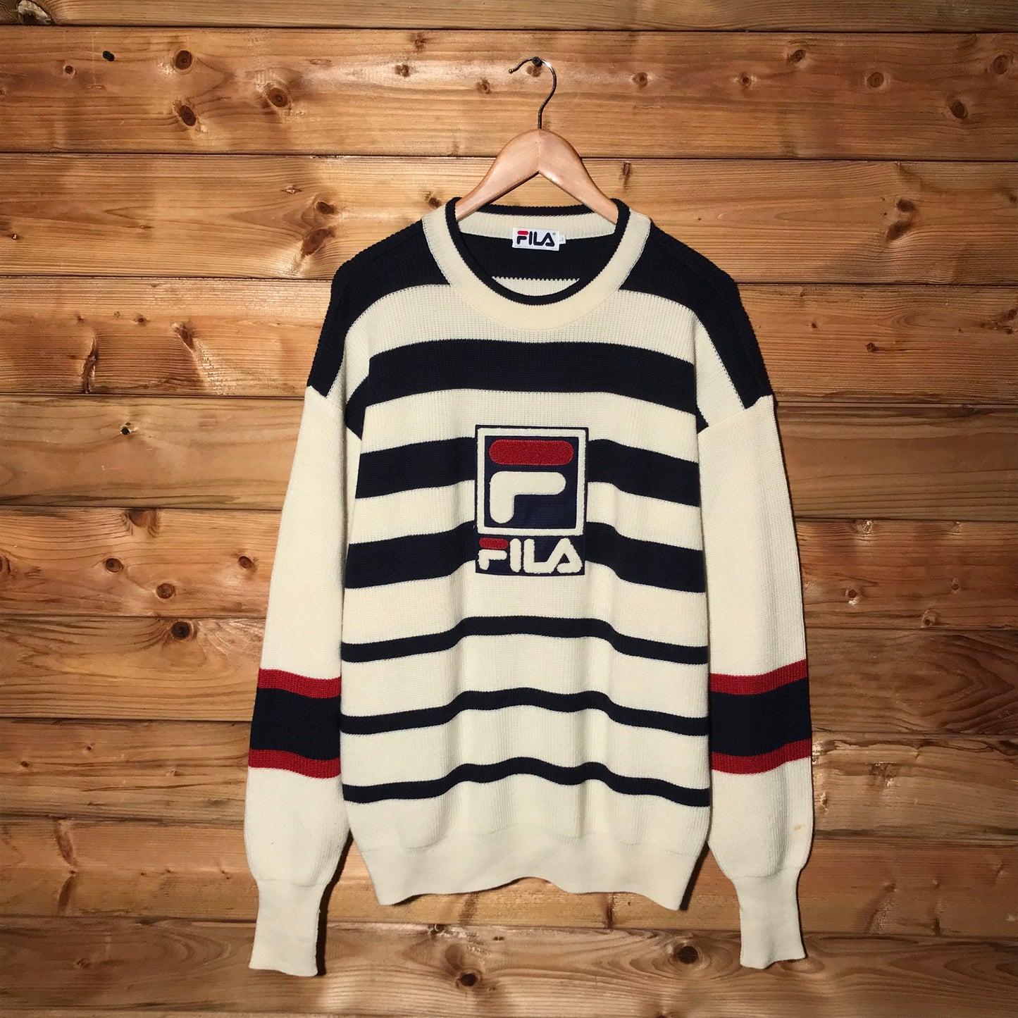 90s Fila Striped Centre Spellout knit sweatshirt