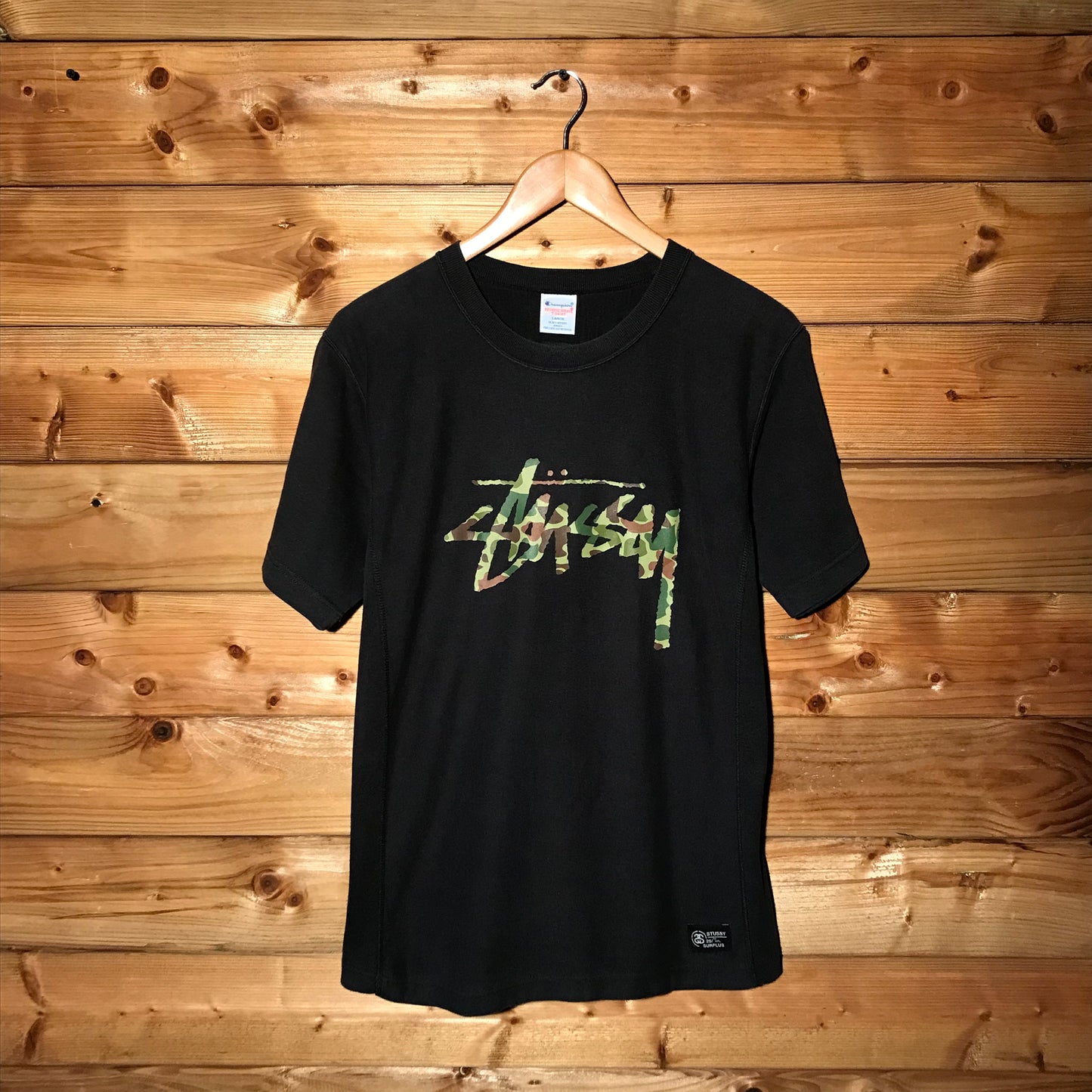 2014 Stüssy x Champion Hunter Camo Spellout t shirt