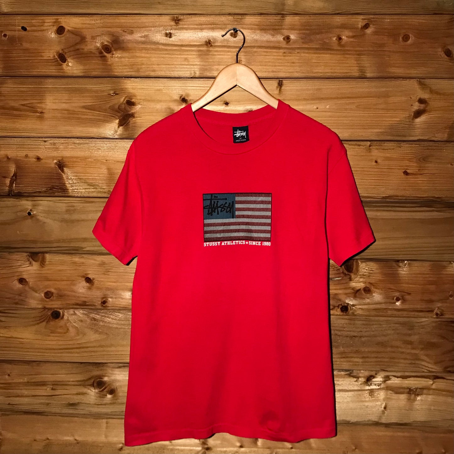 90s Stüssy Athletics Jolly Rodger USA Flag t shirt