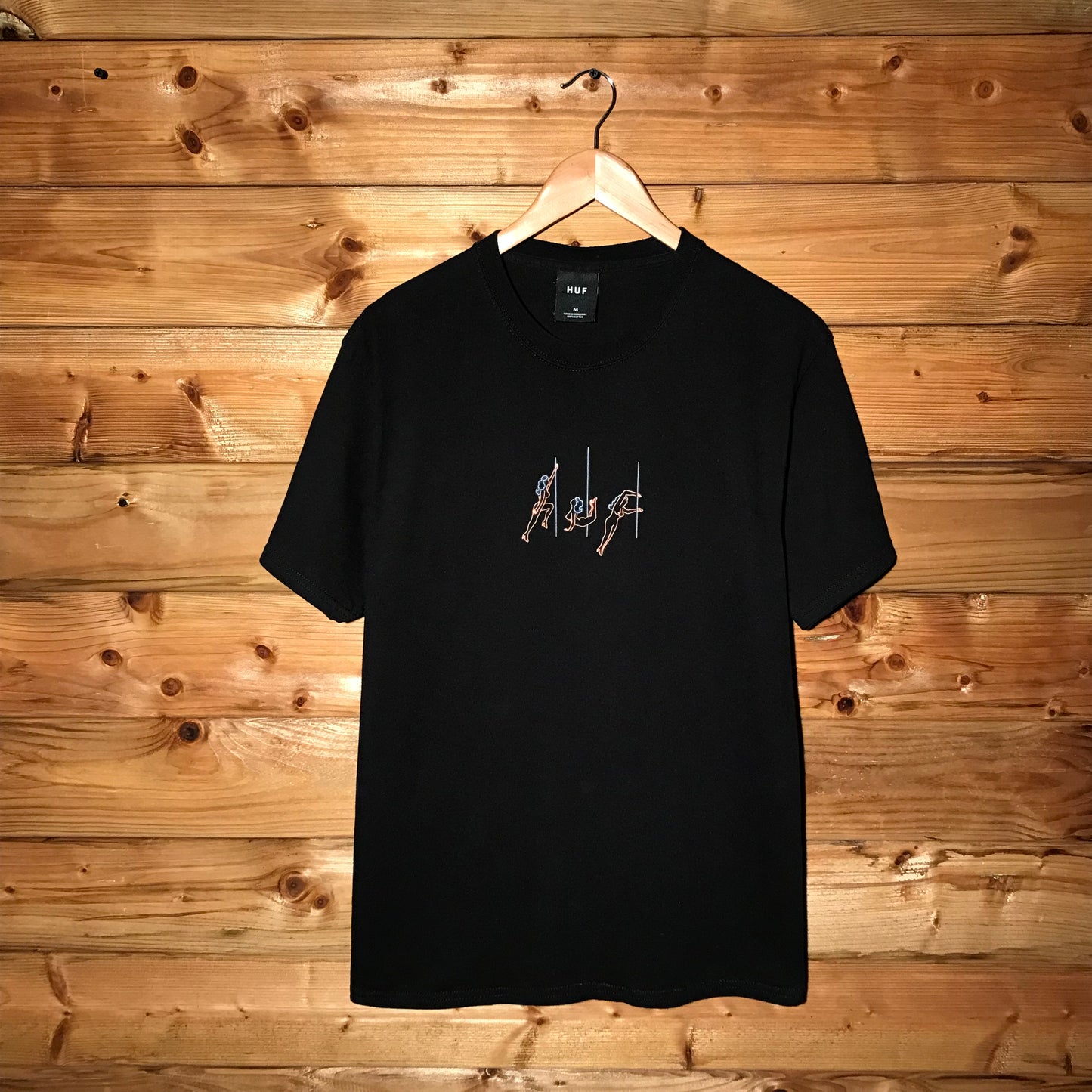 HUF Neon Pole Dancers Centre Spellout t shirt