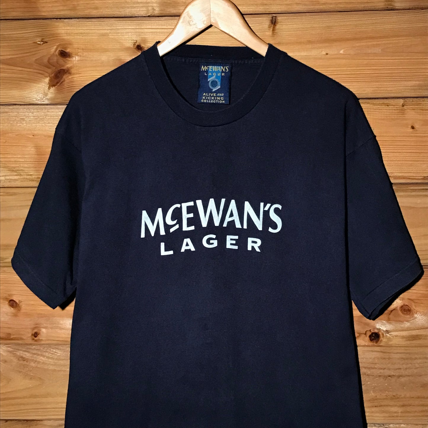 90s McEwan's Lager Alive and Kicking Collection Centre Spellout Promo t shirt