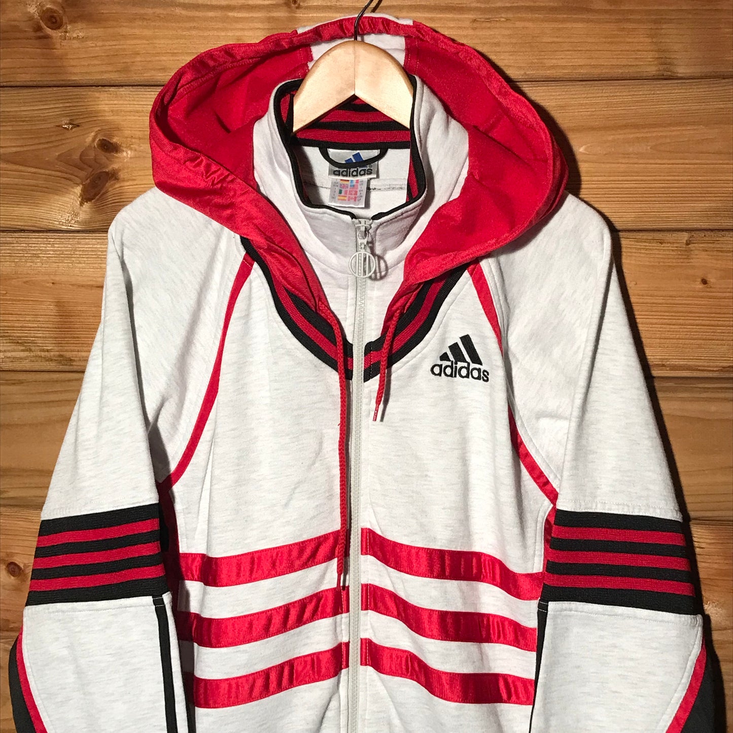 90s Adidas Multi Striped Spellout zip up hoodie