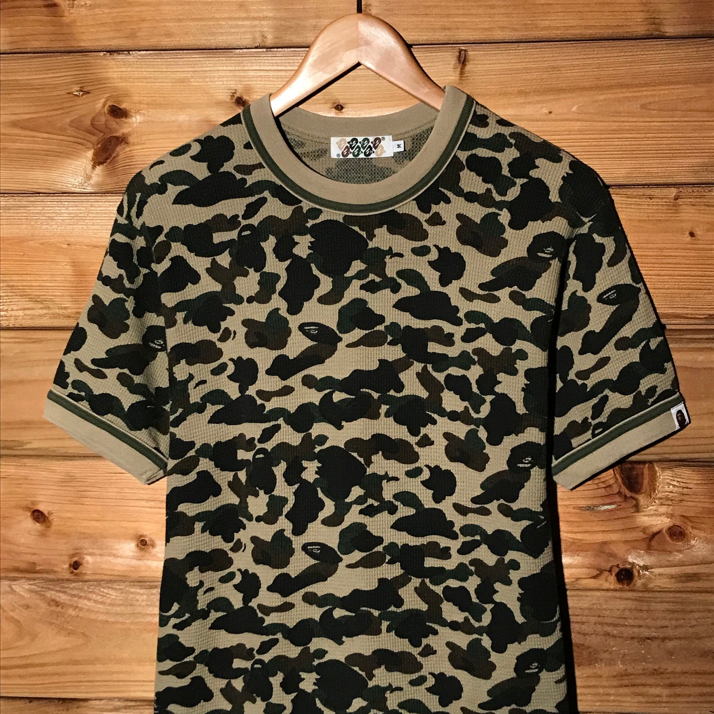 Bape, A Bathing Ape Green Camo AOP Waffle Knit ringer t shirt