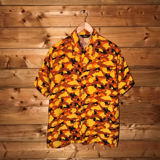 Bape, A Bathing Ape Orange Camo AOP button up shirt