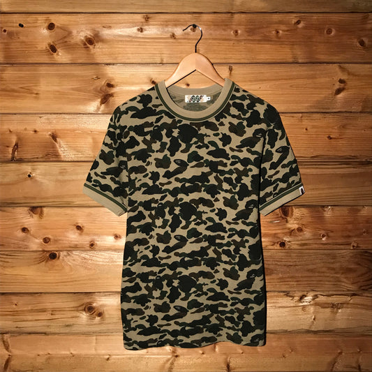 Bape, A Bathing Ape Green Camo AOP Waffle Knit ringer t shirt